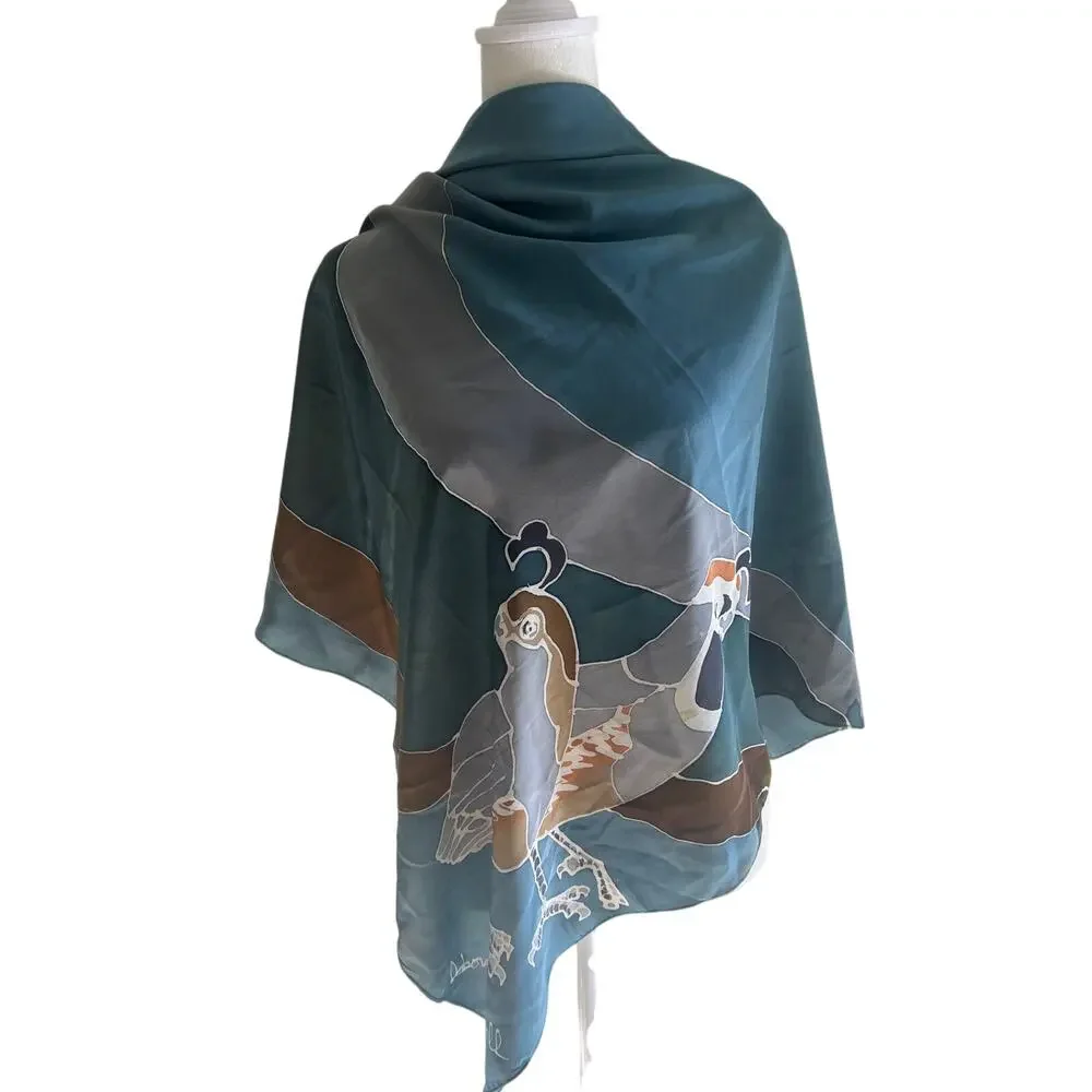Deboragh McDonnell Signed Silk Scarf Hand Painted Birds 36x36 Designer Art Wrap